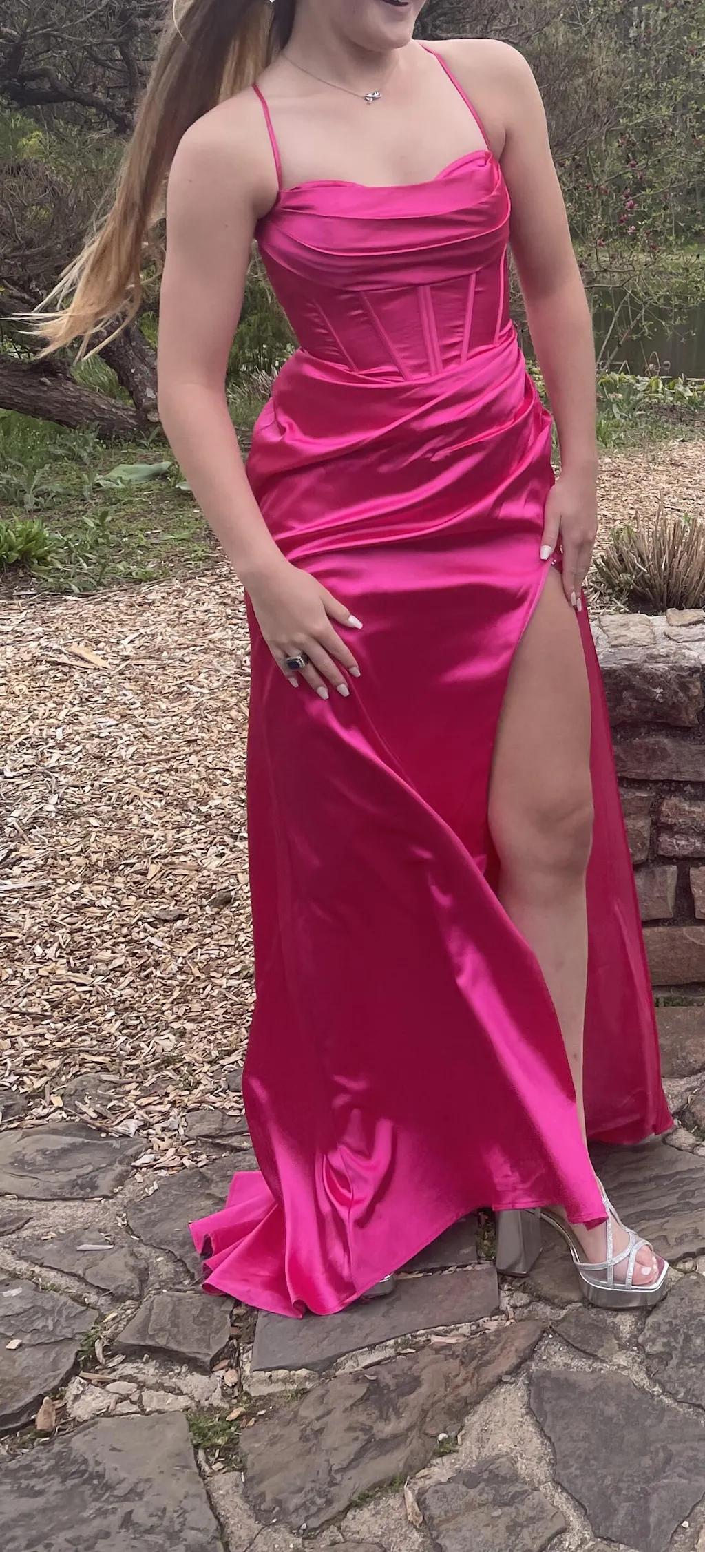 Hot Pink Metallic Keyhole Spaghetti Strap Long Prom Dress with Slit