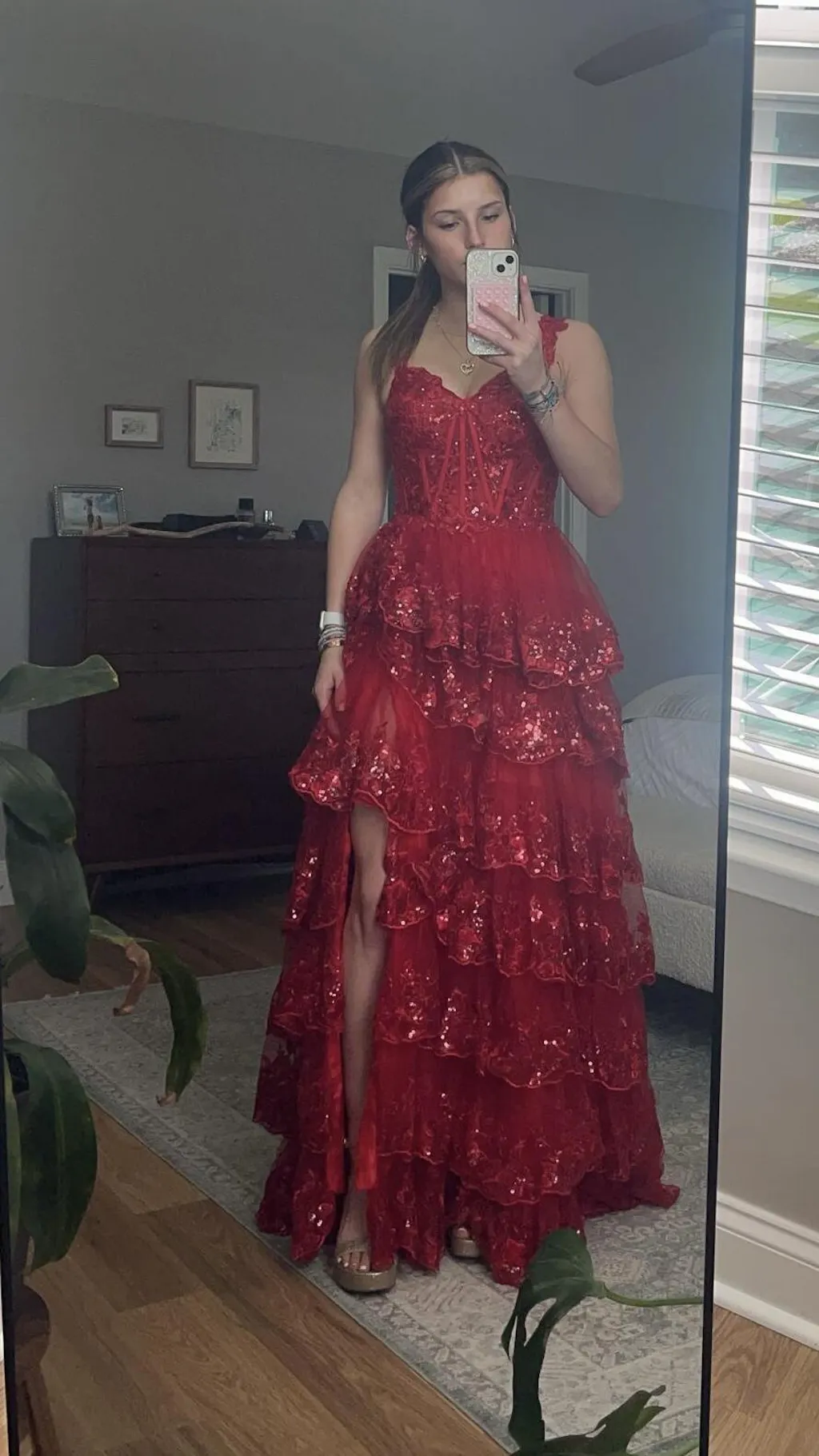 Coral Prom Dress A-Line Off the Shoulder Tiered Lace Prom Dress with Slit main image 1