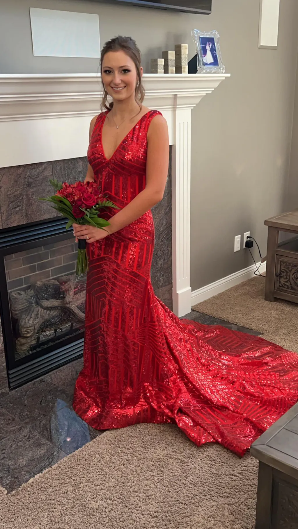 Shimmering Pink Mermaid Tail V-neck Strap Sequin Long Prom Dress Evening Dress cc4778