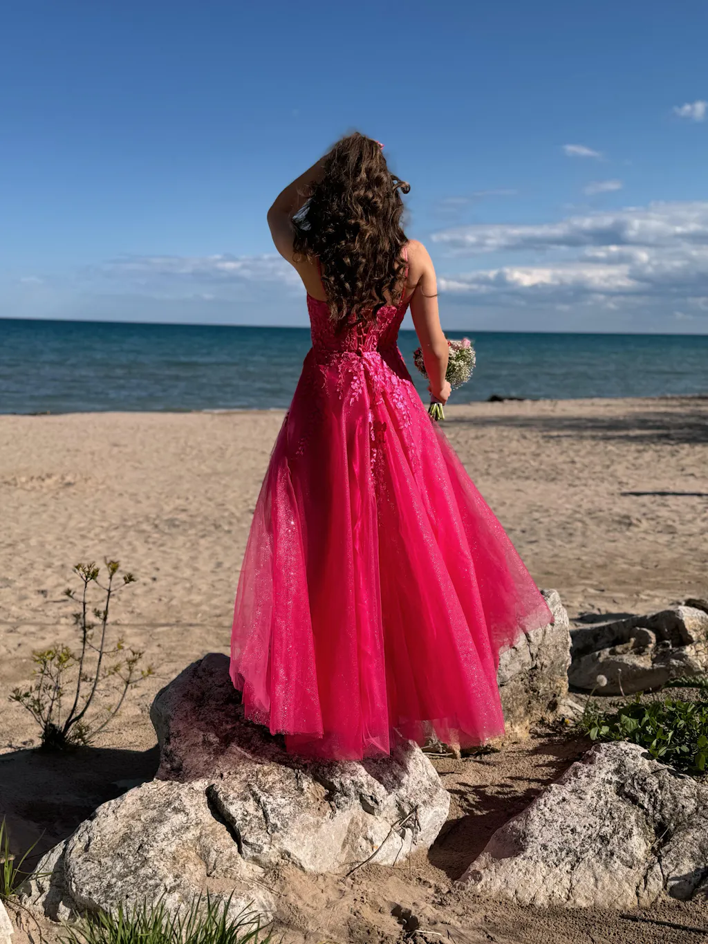 Hot Pink - A Line V Neck Metallic Satin Long Prom Dresses With Cut out main image 1