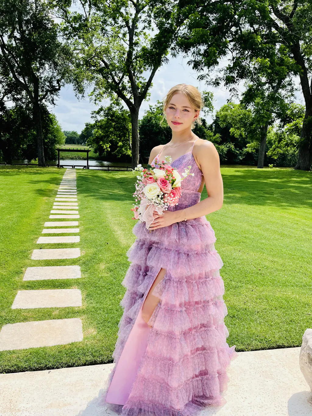 Stunning Pink Spaghetti Strap A-line Ruffle Tulle Prom Ball Gown, PD37871