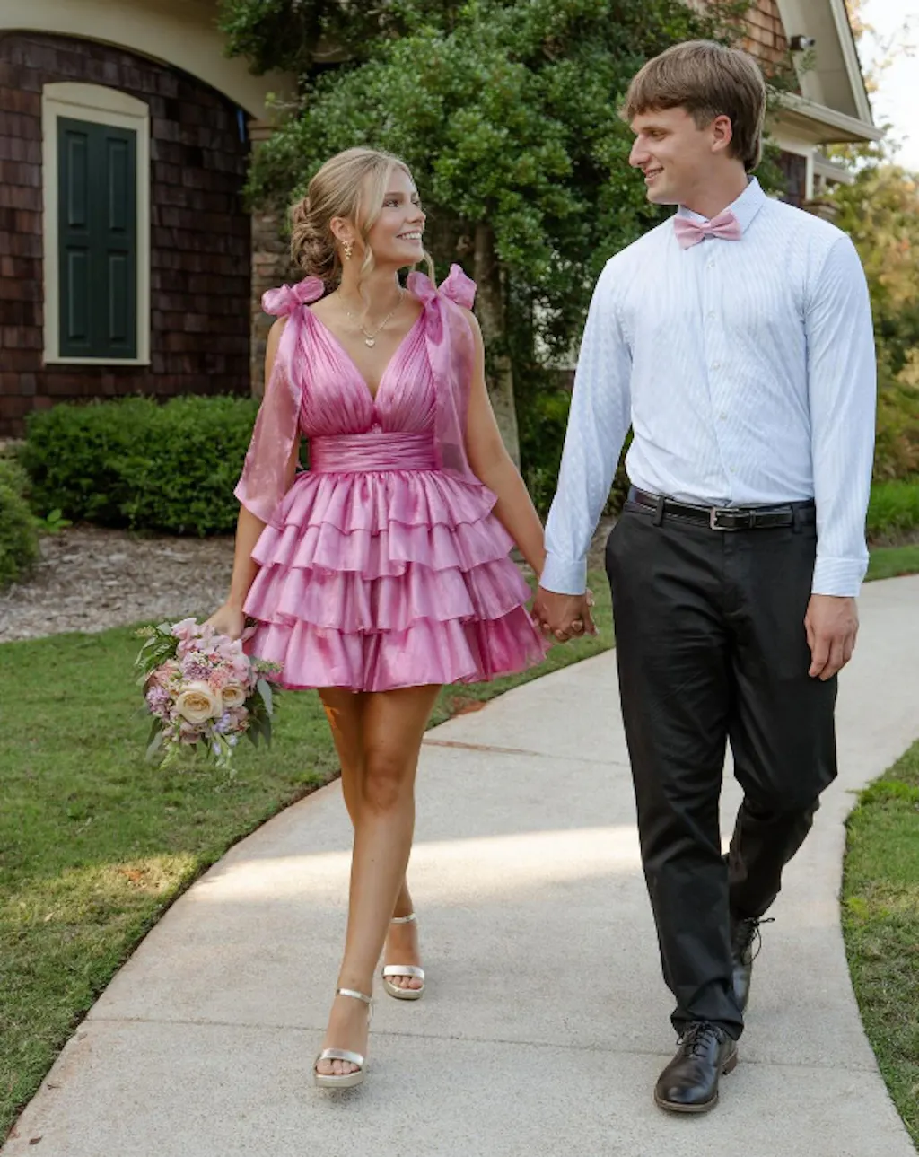 Sweet Pink Satin Beaded Layered A Line Formal Homecoming Dress Birthday Outfits main image 0