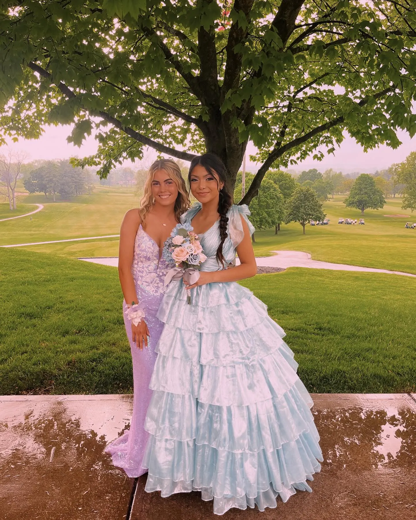 Tie Straps Plunging Neck Pastel Pink Tiered Long Prom Dress,DP1253 main image 1
