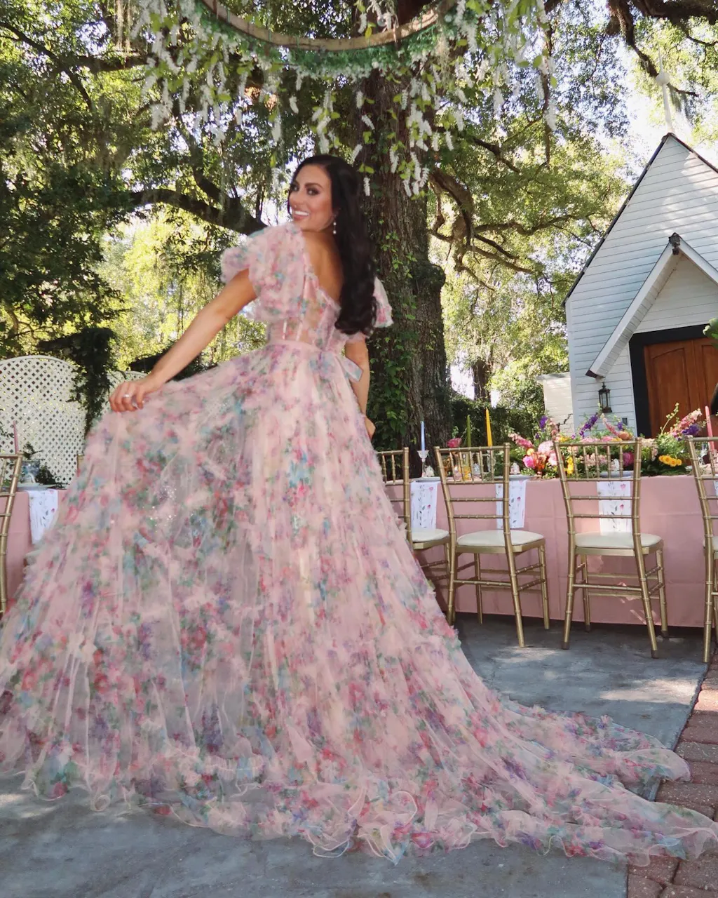 Sydney Ivory A Line Sweetheart Printed Tulle Long Prom Dress