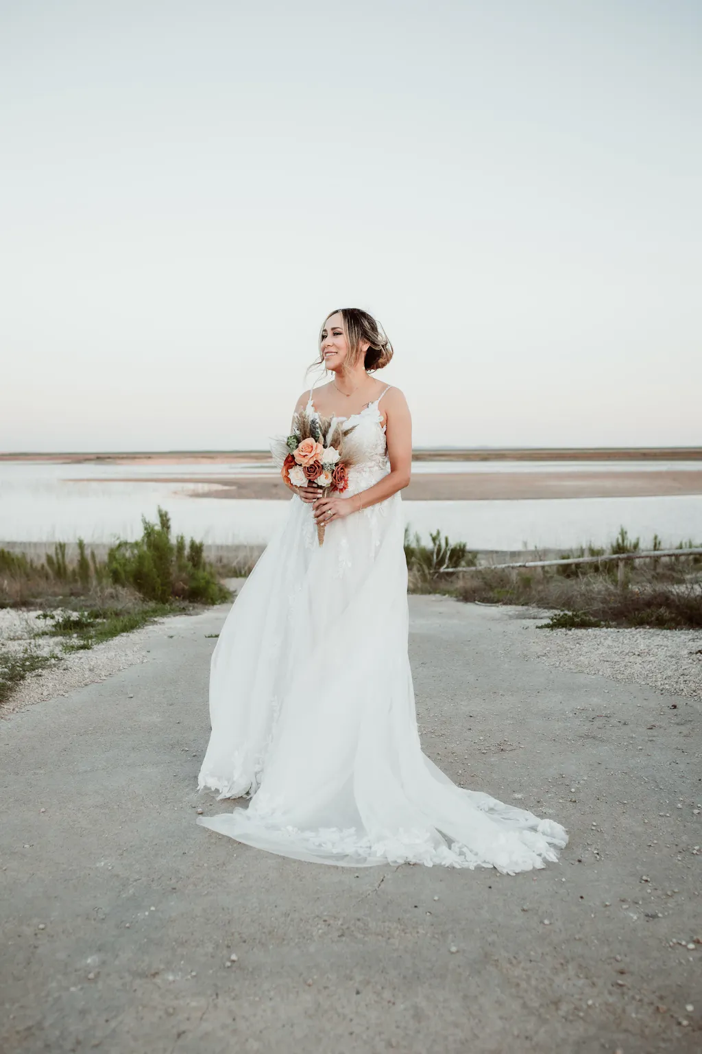 V-Neck Straps Appliques Tulle Pleated A-Line Wedding Dress main image 1