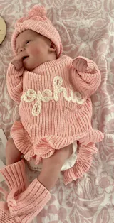 Personalized Baby Romper with Frill – Hand Knit Custom Name Outfit, Newborn Announcement Outfit