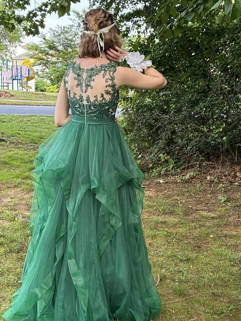 Ball-Gown/Princess Scoop Illusion Floor-Length Tulle Lace Prom Dresses