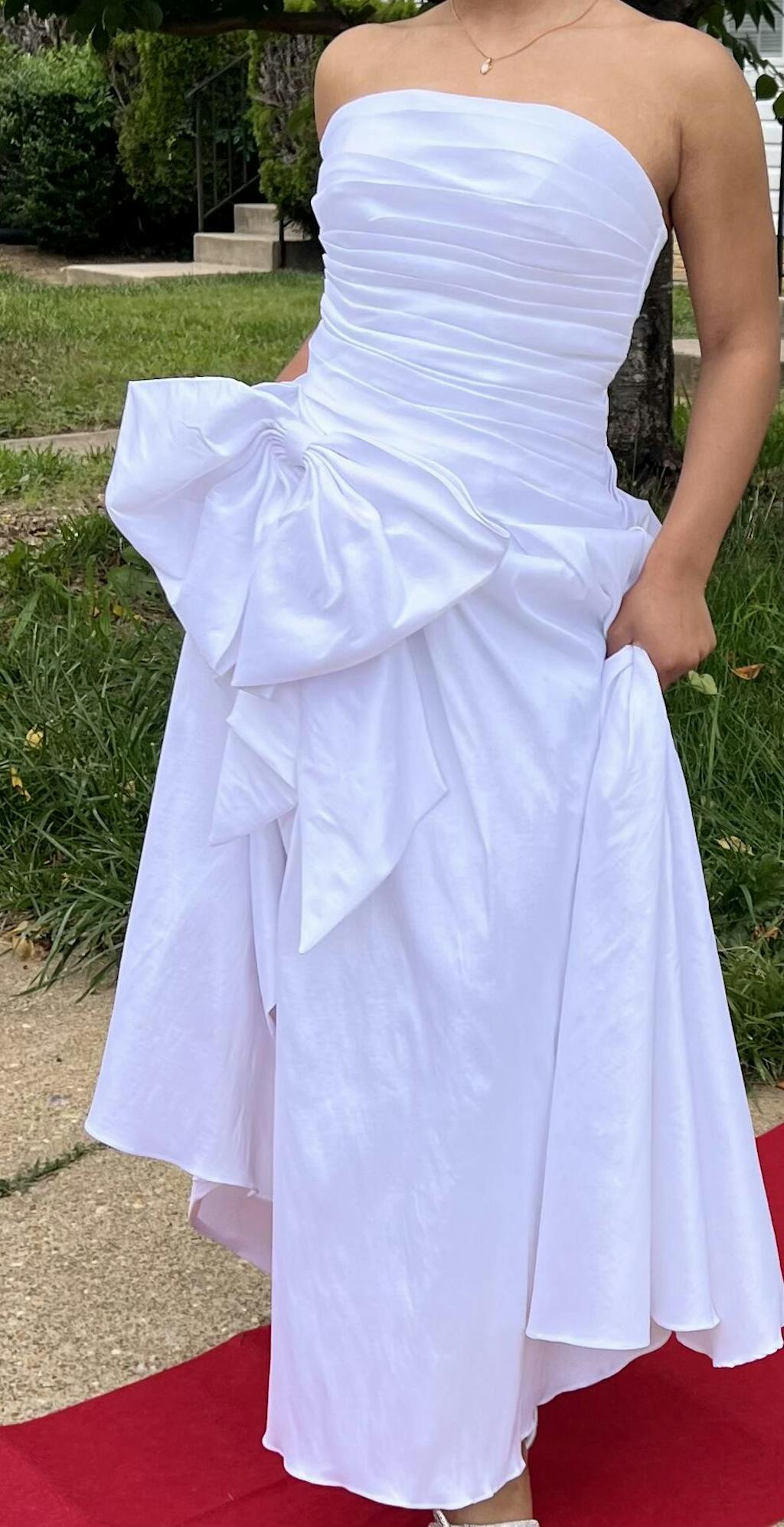 Strapless Bow Ruched Taffeta Ball-Gown Maxi Dress With Slit