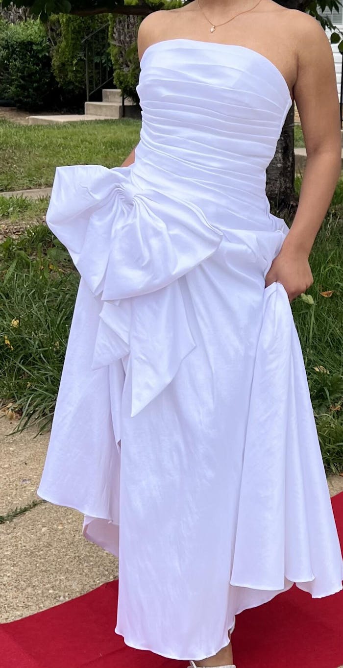 Strapless Bow Ruched Taffeta Ball-Gown Maxi Dress With Slit