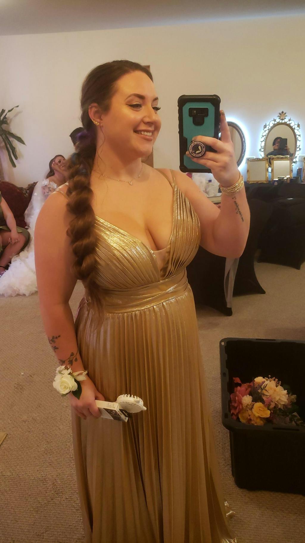 A-line V-Neck Floor-Length Jersey Prom Dresses With Pleated