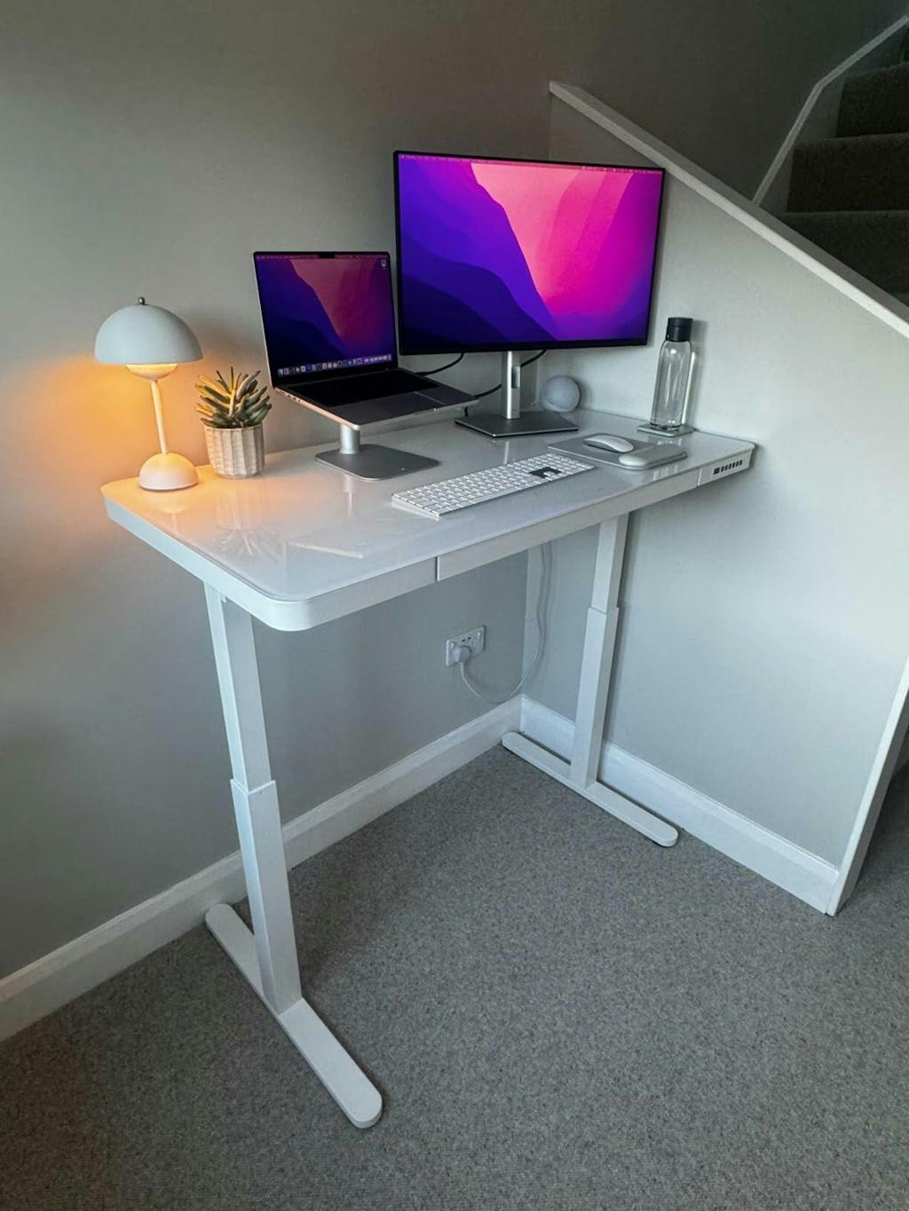 Glass Top Standing Desk with Drawers, Wireless & USB Chargers