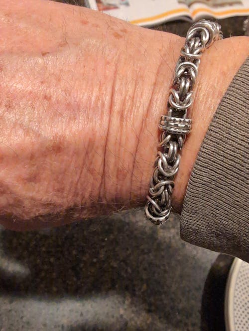 Sterling Silver Byzantine Chainmail Bracelet with Hand-stamped Spinners