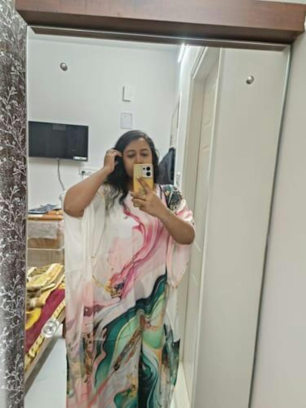 Pink Blue Feather Silk Kaftan with Digital Print