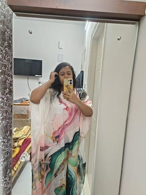 Pink Blue Feather Silk Kaftan with Digital Print