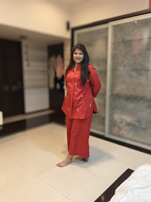 Red Pearl Embroidered Cotton - Co Ord