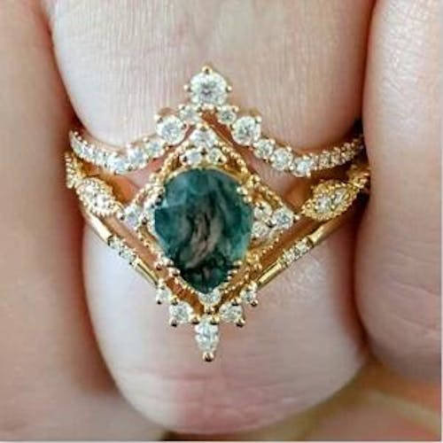 Vintage Pear Cut Moissanite Bridal Set Chevron Stack Wedding Rings 3Pcs