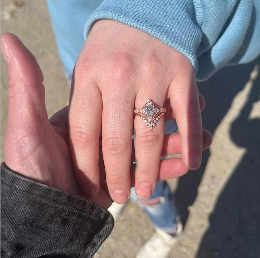 Vintage Pear Cut Moissanite Engagement Ring Set Chevron Stack Wedding Band