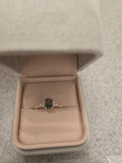 Signautre Vintage Emerald Cut Moss Agate Engagement Ring