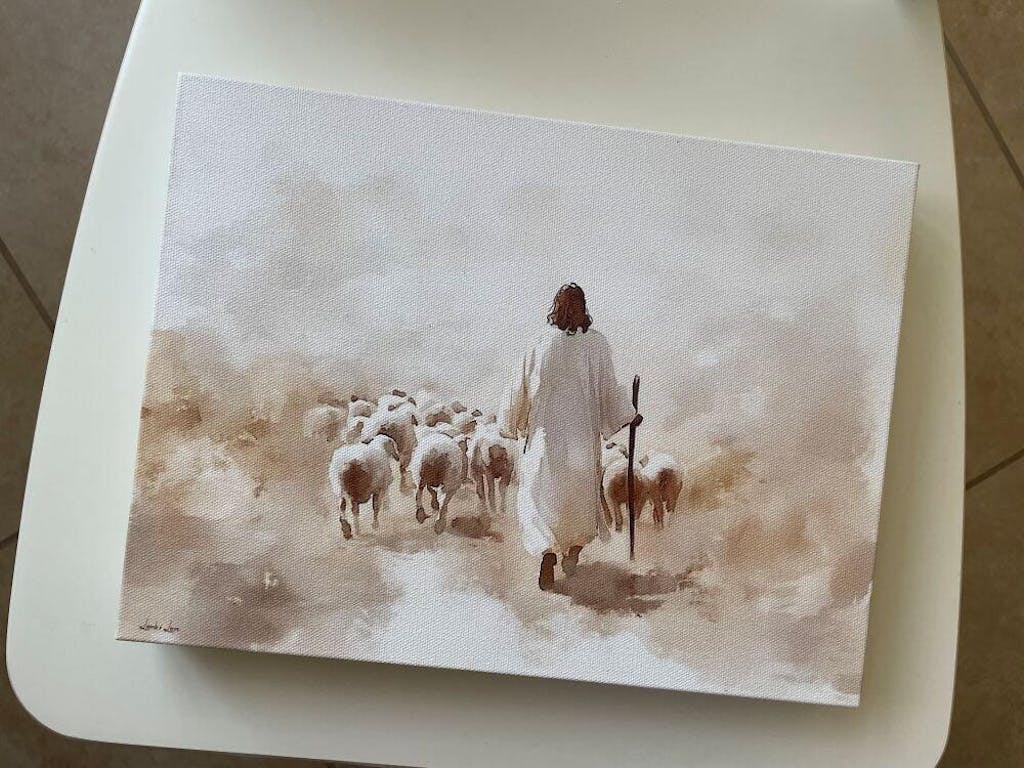 Jesus with His Flock of Sheep, Christian Watercolor Wall Art, John 10:11
