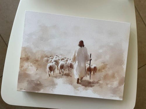 Jesus with His Flock of Sheep, Christian Watercolor Wall Art, John 10:11