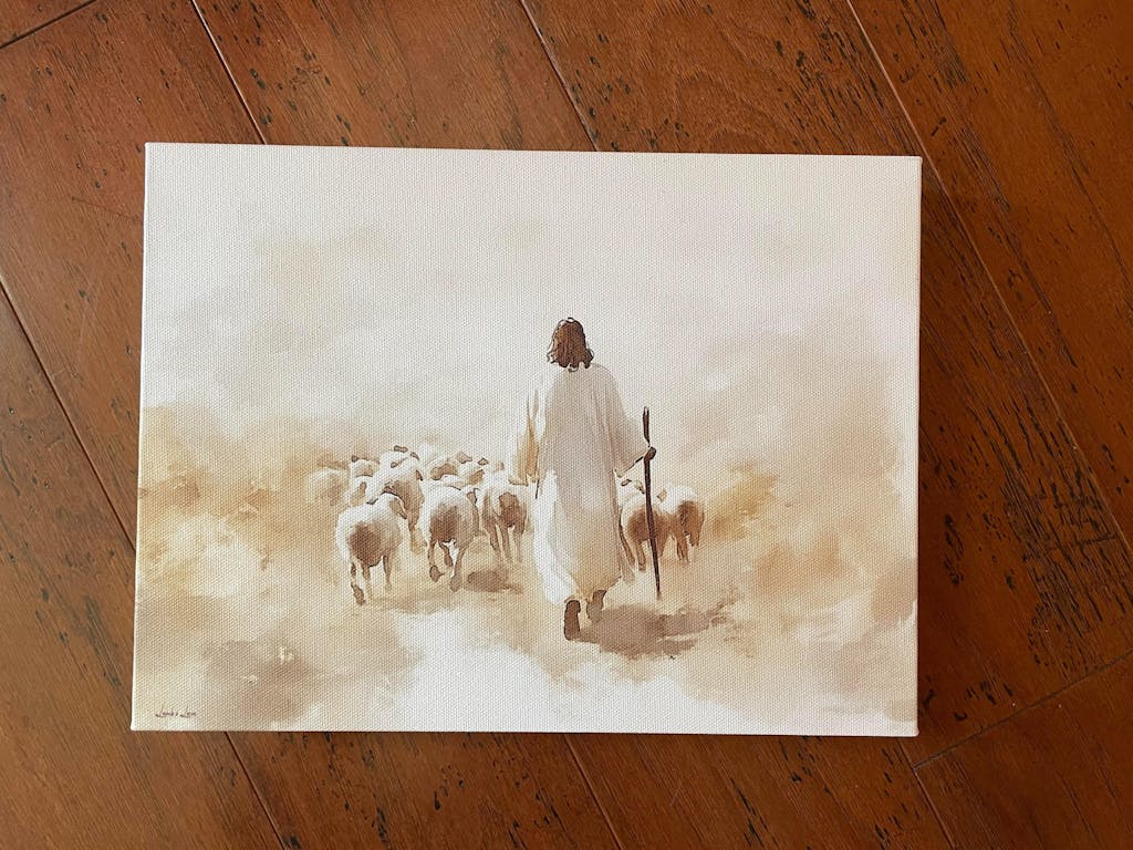 Jesus with His Flock of Sheep, Christian Watercolor Wall Art, John 10:11