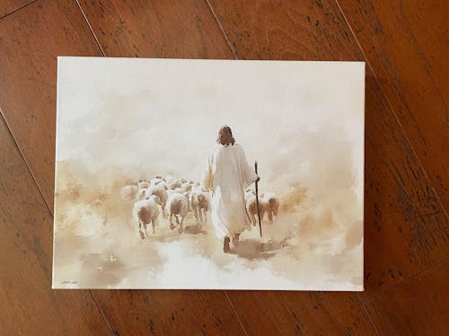 Jesus with His Flock of Sheep, Christian Watercolor Wall Art, John 10:11