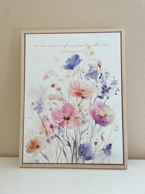 Beautiful in His Time, Watercolor Floral Christian Wall Art, Ecclesiastes 3:11