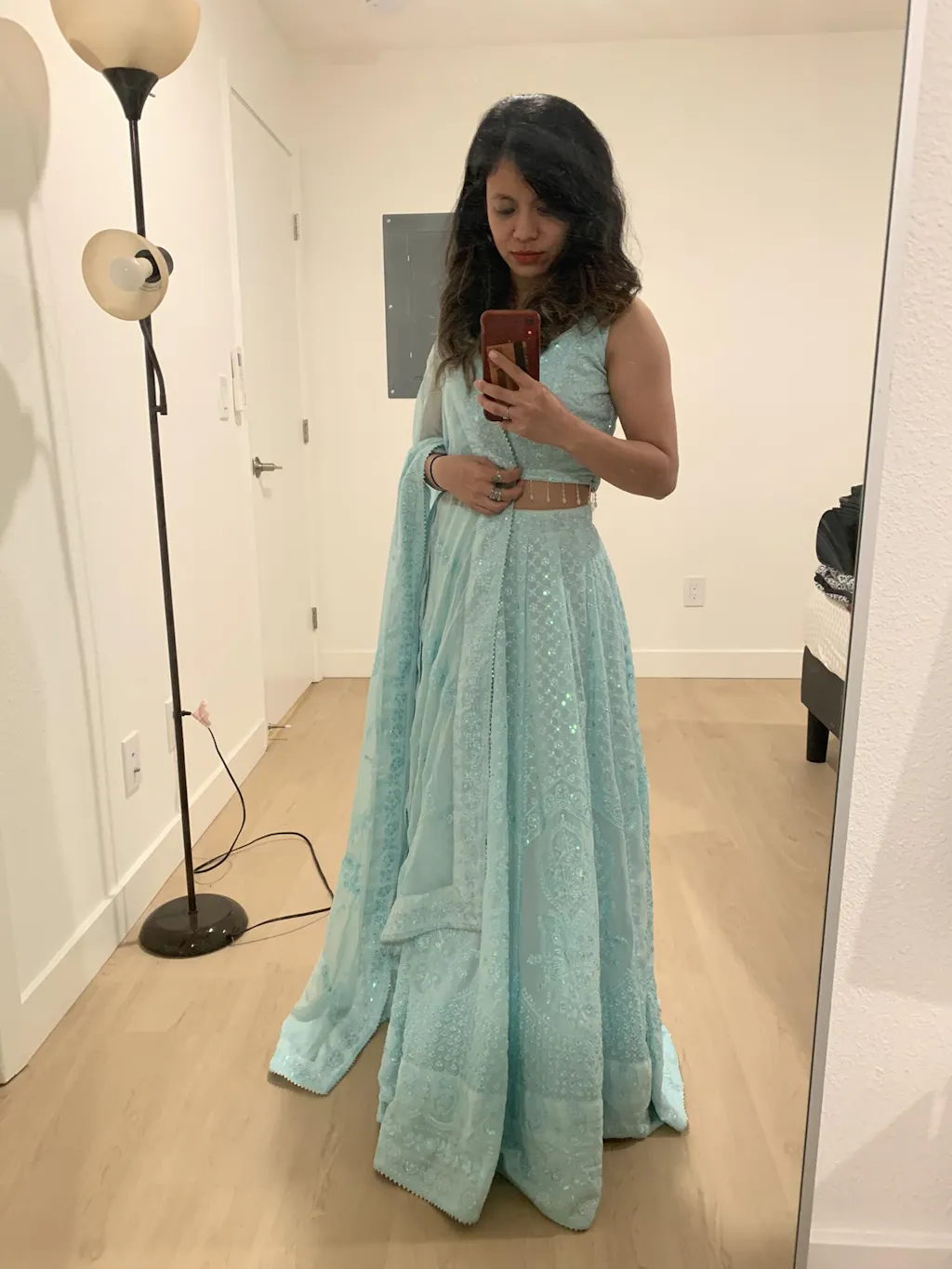 Sky Blue Silk Print and Sequins Thread Embroidery Lehenga with Dupatta