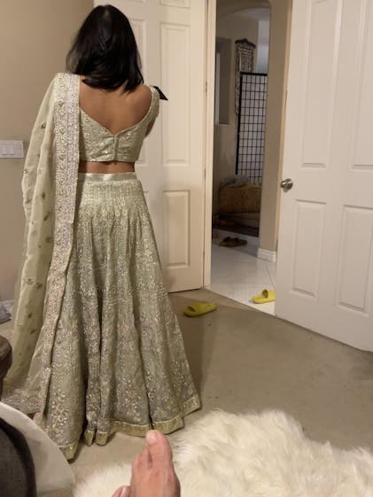 Dusty Mint Organza Lehenga – Lashkaraa