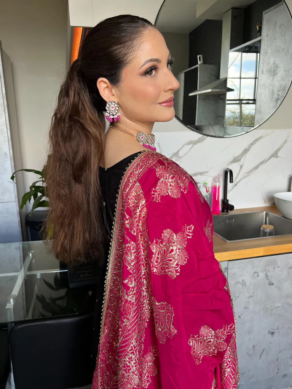 Embroidered Real Shimmer Silk Pink Palazzo Style Suit main image 1