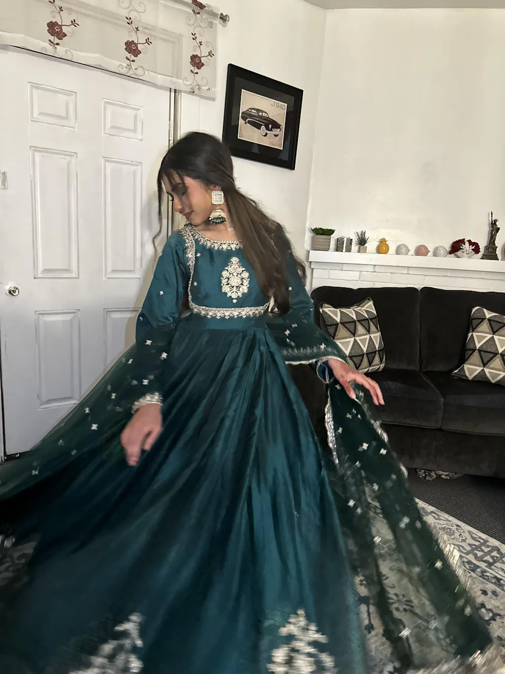 Khaki Green Printed Crepe Silk Anarkali Set main image 0