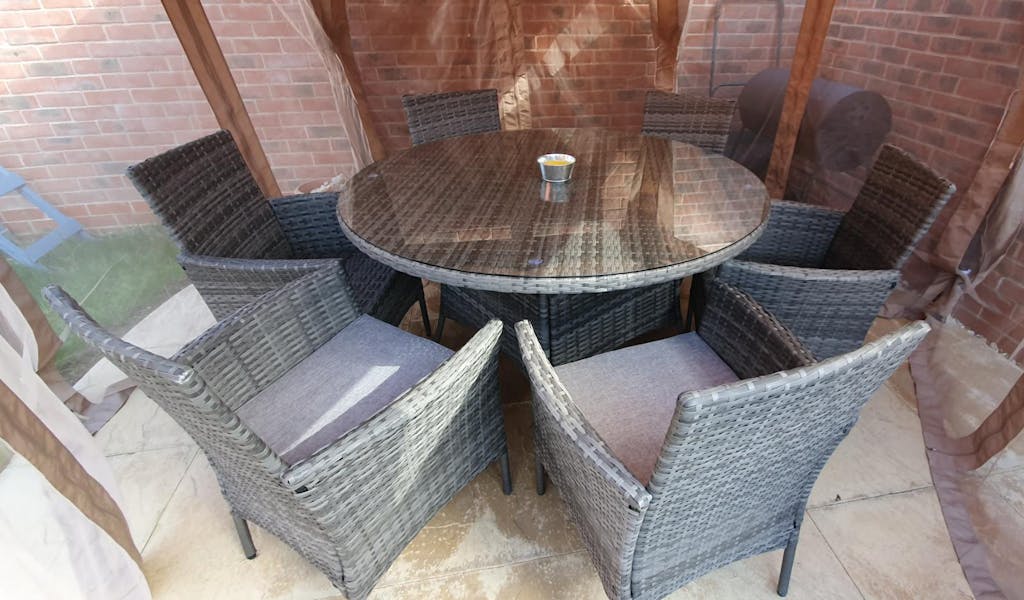 Kemble 6 Seater Rattan Round Dining Set with Parasol Rattan Garden F