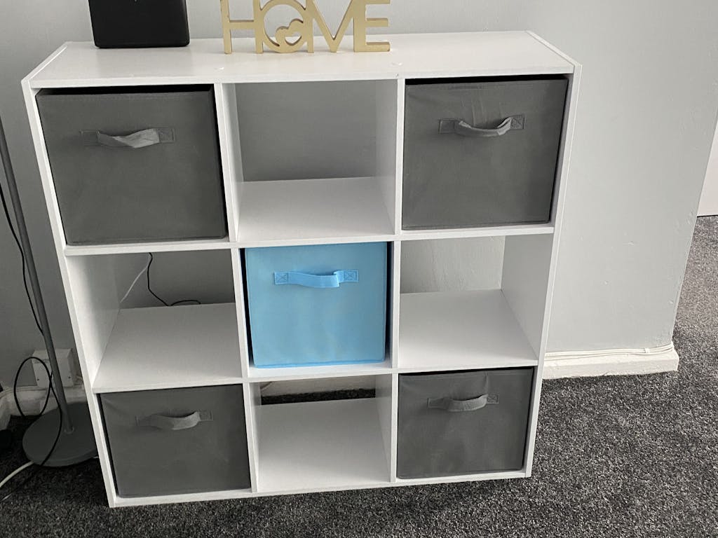 9 Cube Storage Unit & 4 Grey Handled Box Drawers - Laura James