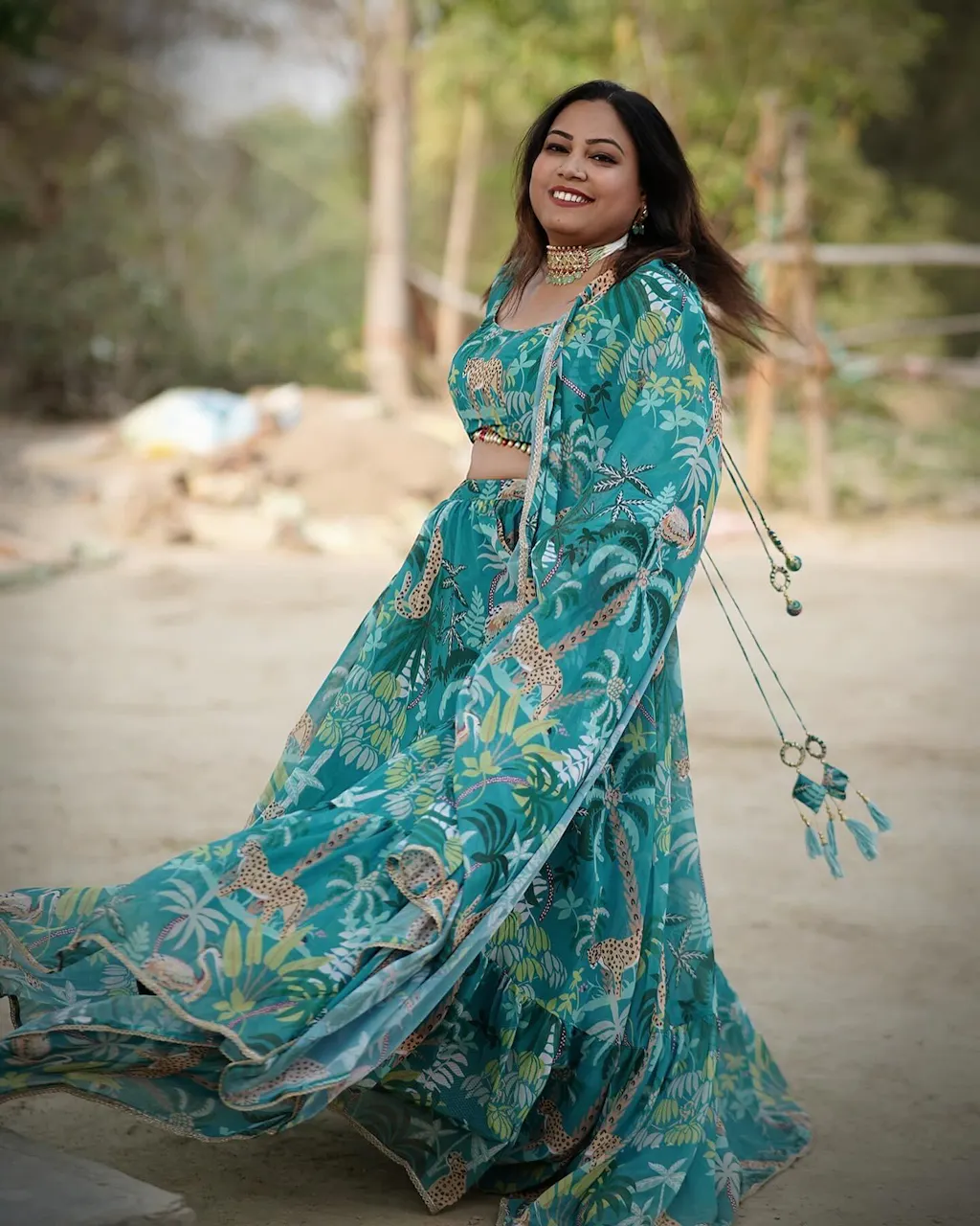 Pine Green Crop Top Style Georgette Lehenga Skirt Suit main image 1