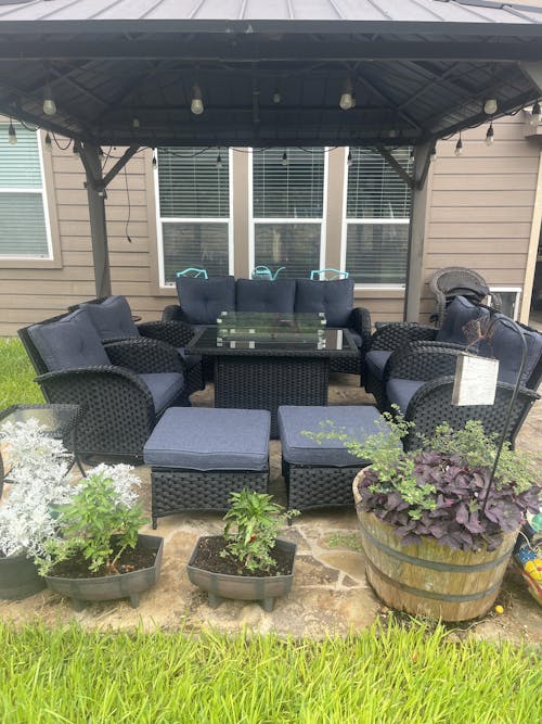 LayinSun 10 - Piece Outdoor Wicker Swivel Chairs Conversation Set with Fire Pit Table