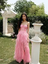 Rust Red Sweetheart High Low Tiered Formal Dress Tulle Ruffle Lace Prom Dress main image 0