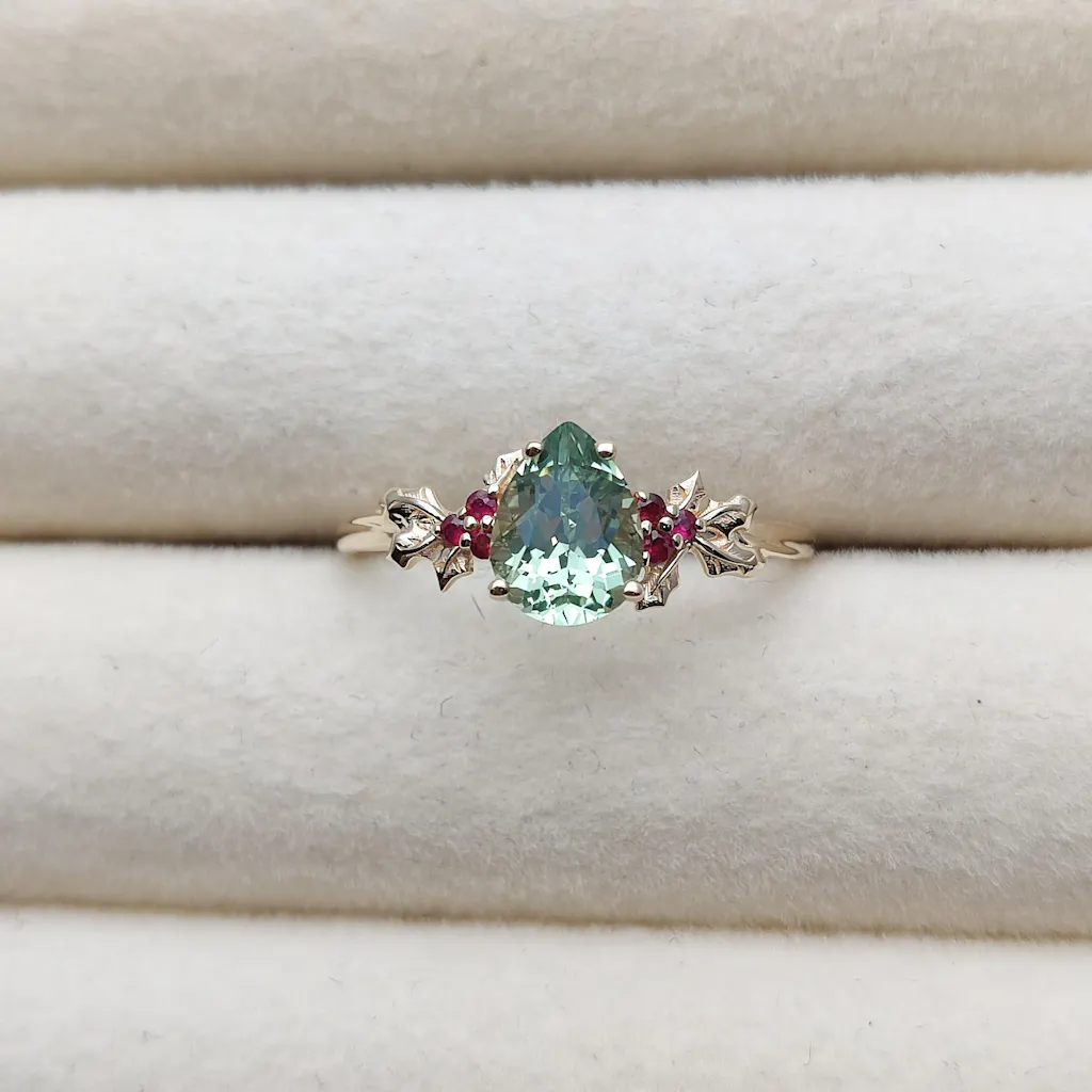Leaf Inspired | Christmas Ruby Holly Leaves Moissanite Engagement Ring