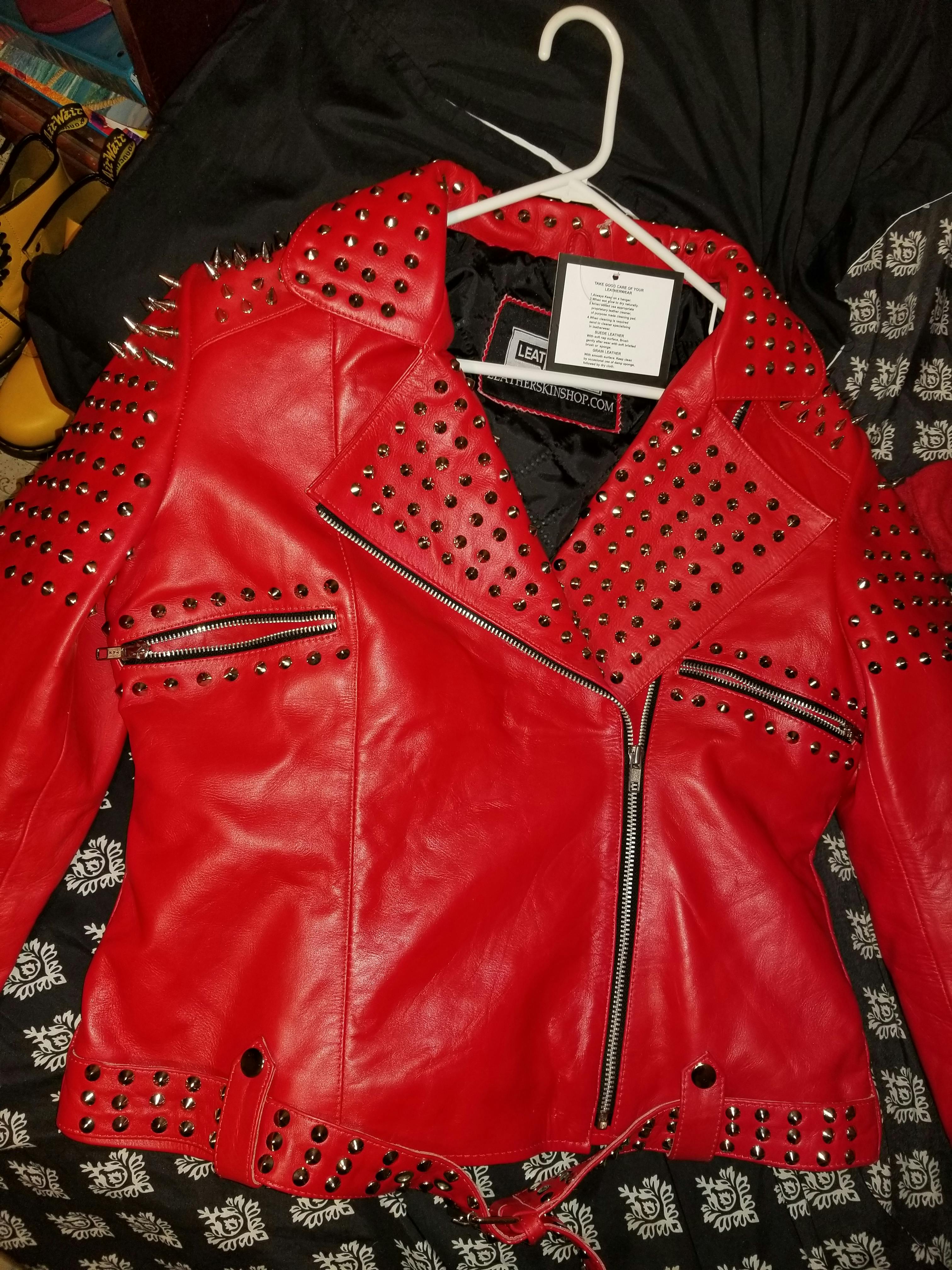 Red Leather Jacket with Cone and Tree Spike Studs - Leather
