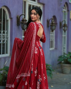 Latest And Trending Cotton Printed Anarkali And Pant With Dupatta Set ( Light Orange )