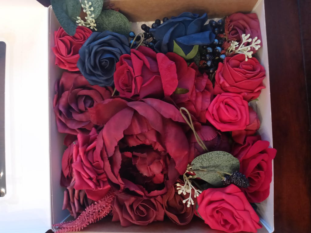 Burgundy and navy artificial flowers Fall/winter wedding flowers