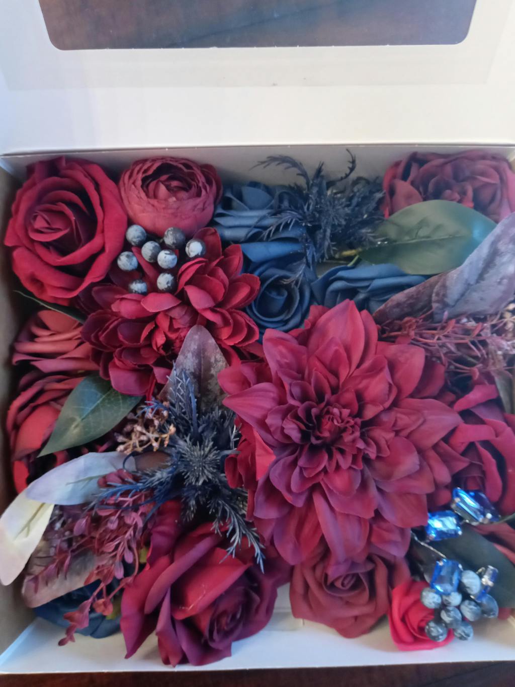 Burgundy and navy artificial flowers Fall/winter wedding flowers