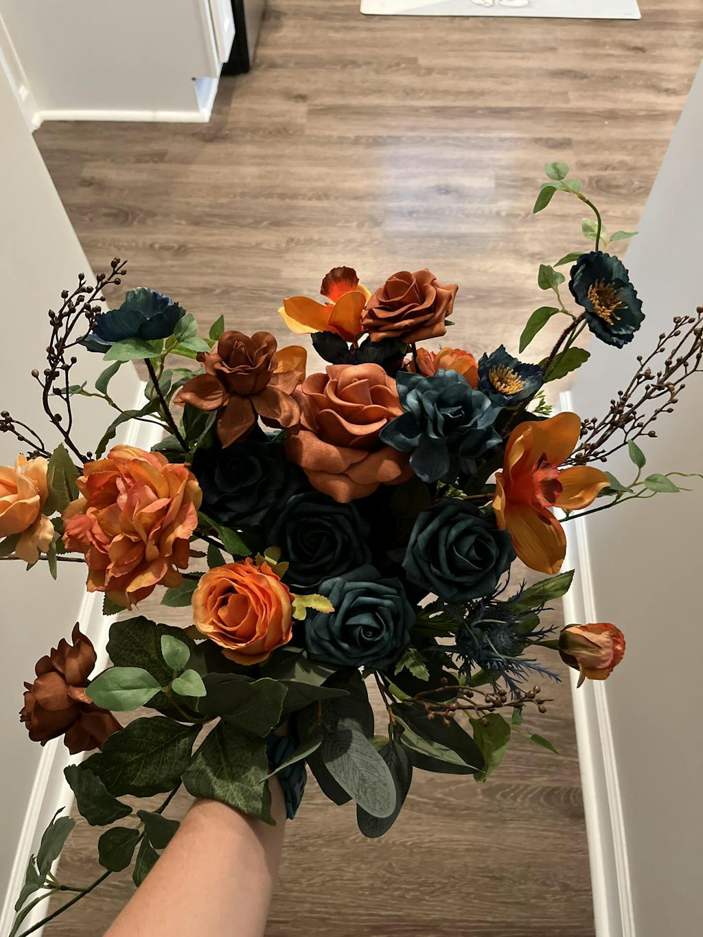 Small Cascade Bridal Bouquet in Dark Teal & Burnt Orange Ling's Moment