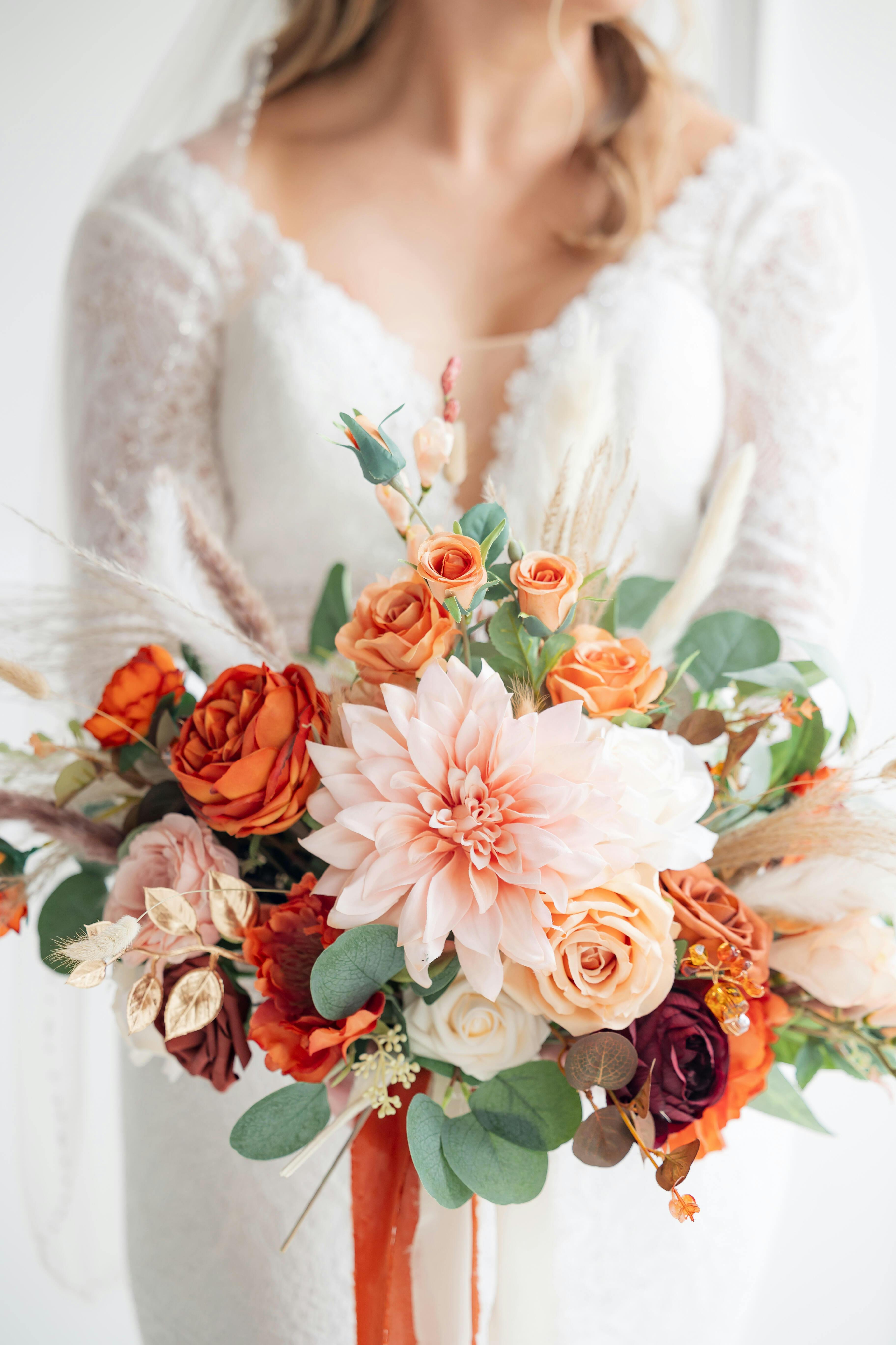 terracotta Bouquet Rinlong Set of 2 Fall Wedding Bouquets for Bridesmaids Burnt Orange  Terracotta Bridesmaid Bouquet Wedding Ceremony : : Home \u0026  Kitchen