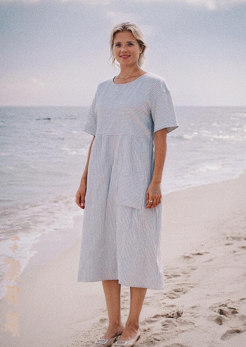 100% Linen Pinstripe Paneled Short-Sleeved Dress MORGAN – LINTICO