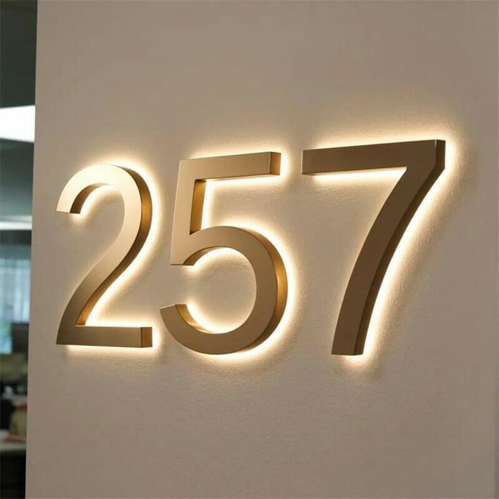 Backlit LED Stainless Steel Address Numbers - Modern Lighted House Signs in Brushed Silver Texture