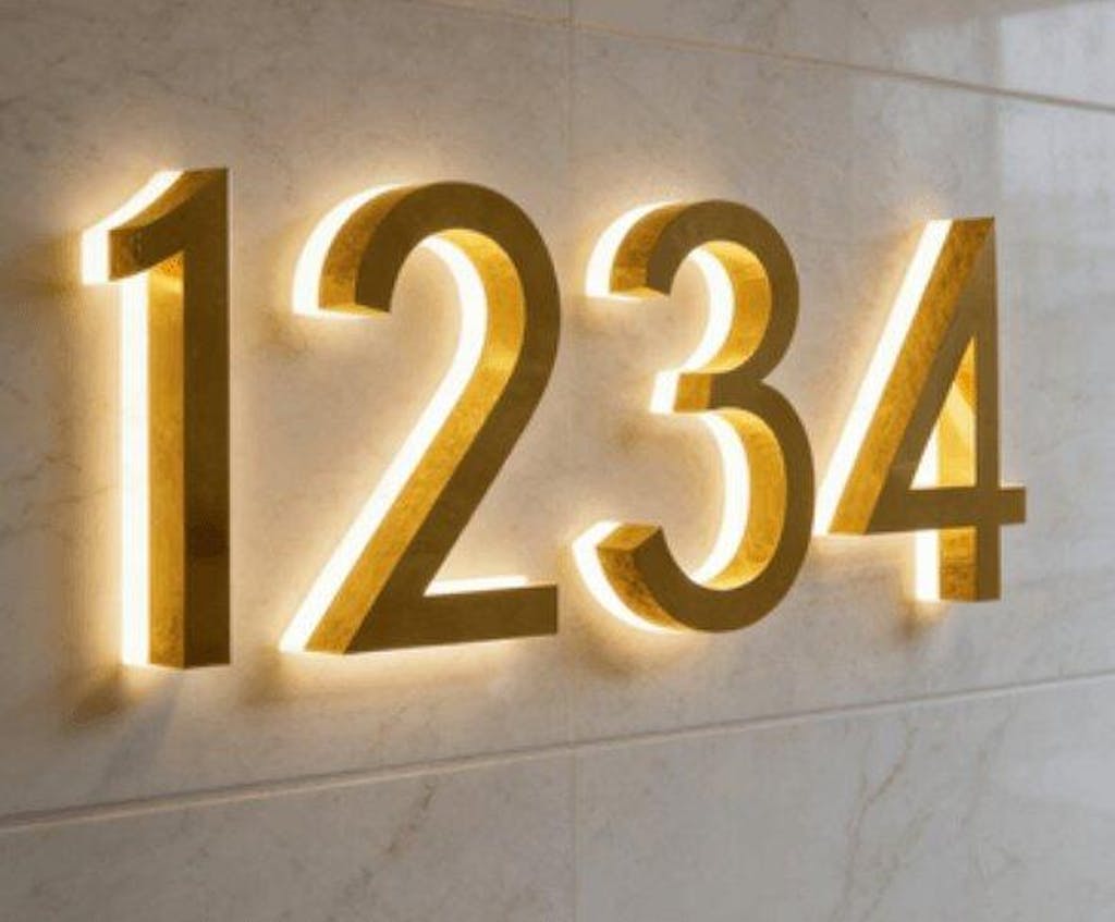 Backlit LED Stainless Steel Address Numbers - Modern Lighted House Signs in Brushed Silver Texture