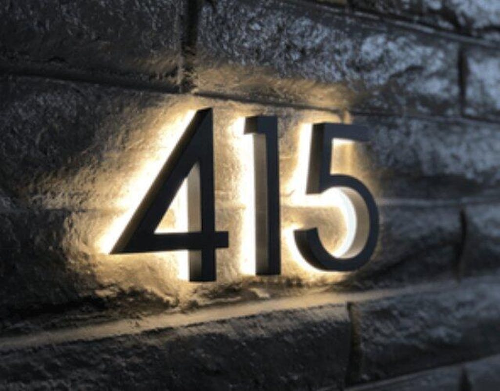 Backlit LED Stainless Steel Address Numbers - Modern Lighted House Signs in Brushed Silver Texture