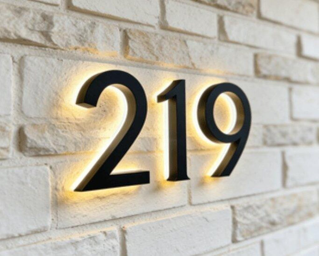 Backlit LED Stainless Steel Address Numbers - Modern Lighted House Signs in Brushed Silver Texture