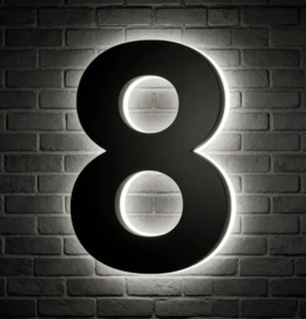 Backlit LED Stainless Steel Address Numbers - Modern Lighted House Signs in Brushed Silver Texture