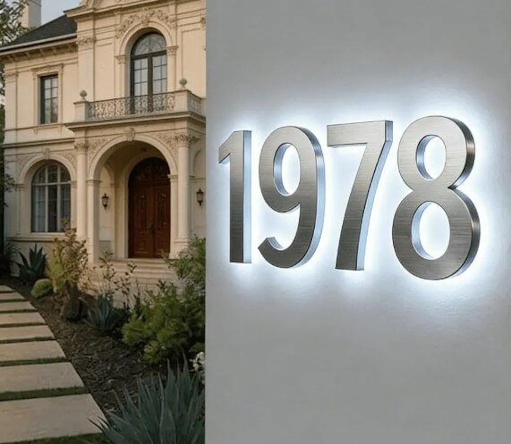 Backlit LED Stainless Steel Address Numbers - Modern Lighted House Signs in Brushed Silver Texture